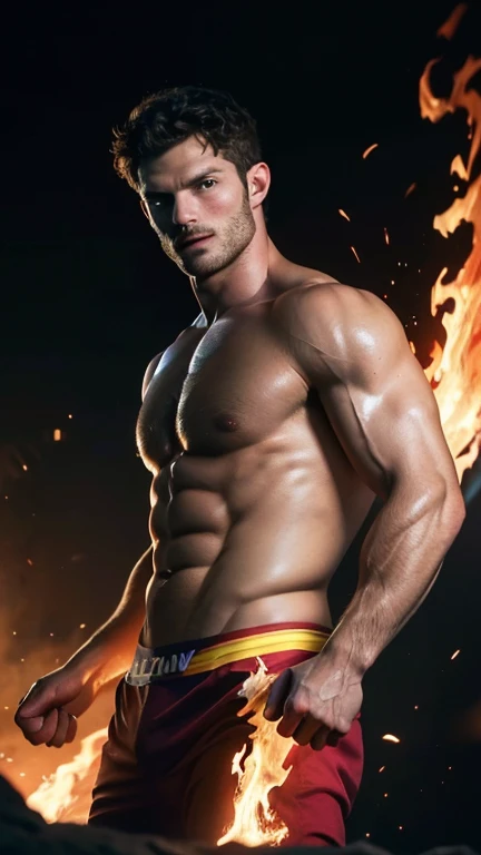 A sexy Jamie Dornan shirtless with fire superpower, highly detailed, photorealistic, dynamic pose, bulging muscles, dramatic lighting, cinematic angle, vivid colors, chiaroscuro, (best quality,8k,highres,masterpiece:1.2),ultra-detailed,(realistic,photoreal...