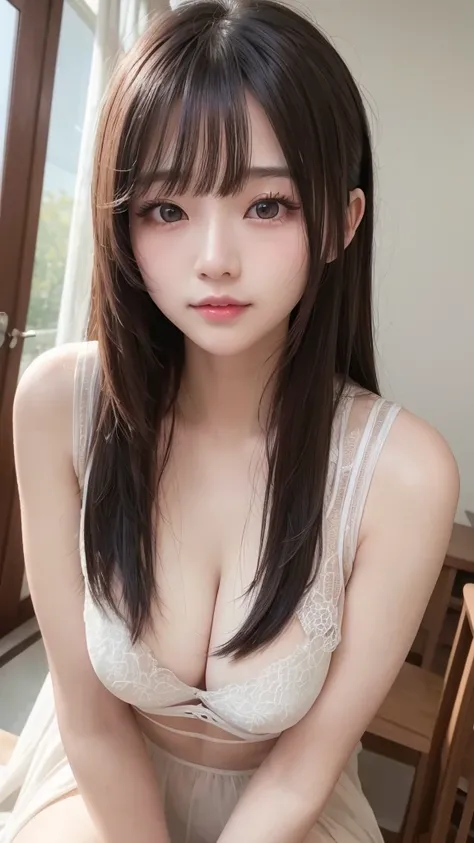 8k、highest quality、masterpiece、high resolution、photograph、Beautiful Japanese Woman、Single-lens reflex camera、、Transparent atmosphere、Sexy lips、Diagonal bangs、Beautiful Face、Medium Long Hair、Creating Bangs、smile、Natural soft light