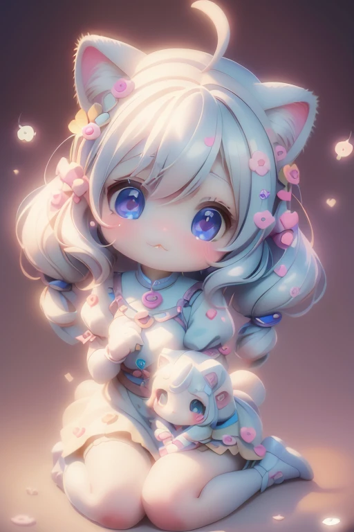 High quality、plastican00d、Realistic Light、Spotlight from above、pretty girl、、Three-headed appearance、Doll、Chibi、plastic、Short Twin Tails、Heart eyes、Cat mouth、、