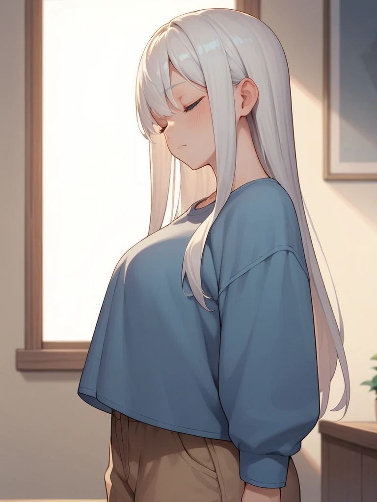 Score_9, score_8_up, score_7_up, source_anime, 1girl, solo, pale, long white hair, blue eyes, cute face, big tits , thick thighs, eyes closed, opened shirt, big tits, indoors, standing, long hair 