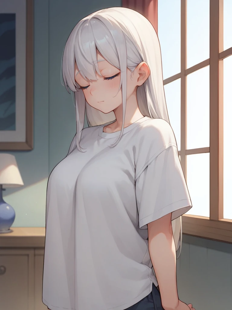 Score_9, score_8_up, score_7_up, source_anime, 1girl, solo, pale, long white hair, blue eyes, cute face, big tits , thick thighs, eyes closed, opened shirt, big tits, indoors, standing, long hair 