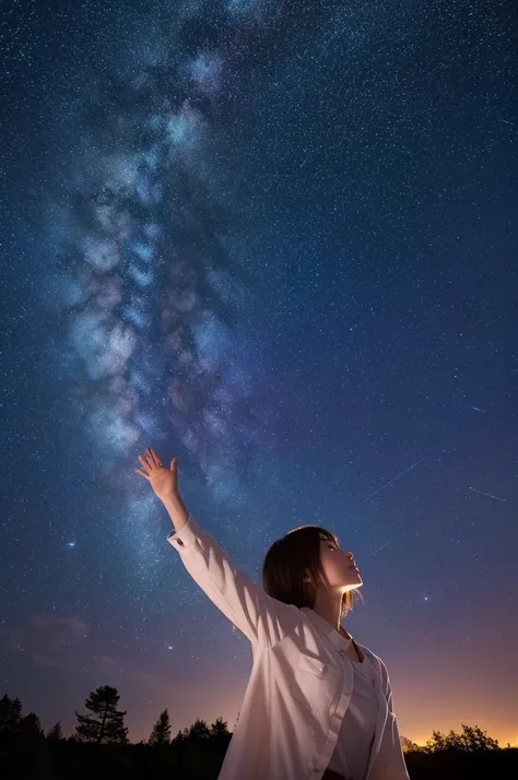 A starry sky,Meteors,8k,Beautiful night sky,Girl looking up at the sky、Super sexy and super cute Japan girl、(((A girl reaching out towards the night sky)))