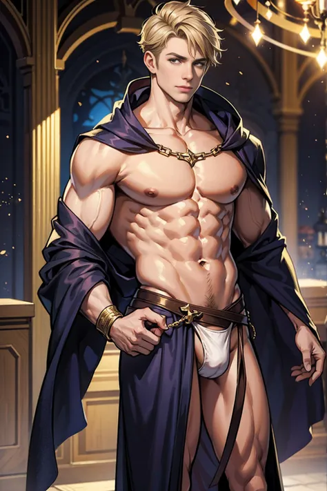 realistic, masterpiece, intricate details, detailed background, depth of field, muscular, Photo of a handsome American magician, american man, 25 years old, Linen Gold hair color and short hair), voluptuous crotch, Mercury planet spell, sorcerer, wearing a...