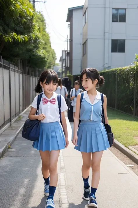 Two 10-year-old Japanese elementary school girls, 130 cm tall and large-breasted, are walking to school wearing Baby blue micro mini skirt, Baby blue tank tops and carrying school bags,