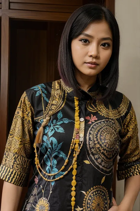 Foto keluarga seorang laki laki umur 31 tahun memakain batik, seorang perempuan umur 30 tahun memakai batik rambut panjang, seorang anak perempuan umur 11 tahun memakai batik rambut panjang lurus, seorang anak laki laki umur 6 bulan memakai batik, saling m...