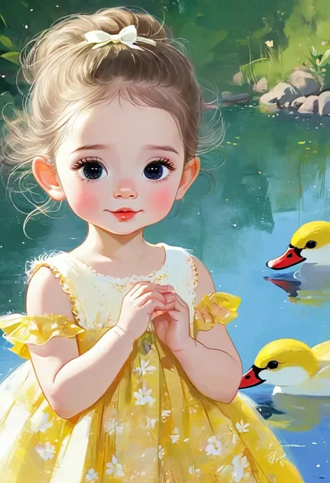 rough texture，Hand-drawn style：umacachorrinhao baby branca e amarelo，olhos lindos e meigos，em frente a um lago com patinhos，sentada de vestido rosa camponesa, Art at an art station, Belo estilo de arte, 