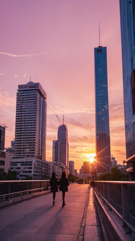 Pink sunset in the city