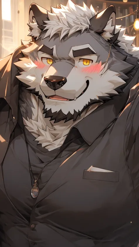 （masterpiece），（Very detailed），（best quality），hairy，Wolf，gray fur，white hair，golden pupils，muscular，Smile（Blushing 1.1），（black casual wear 1.2），Selfie of two boys，8k，（Face close-up 1.5），（（high quality））