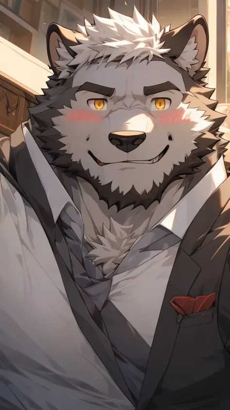 （masterpiece），（Very detailed），（best quality），hairy，Wolf，gray fur，white hair，golden pupils，muscular，Smile（Blushing 1.1），（black casual wear 1.2），Selfie of two boys，8k，（Face close-up 1.5），（（high quality））