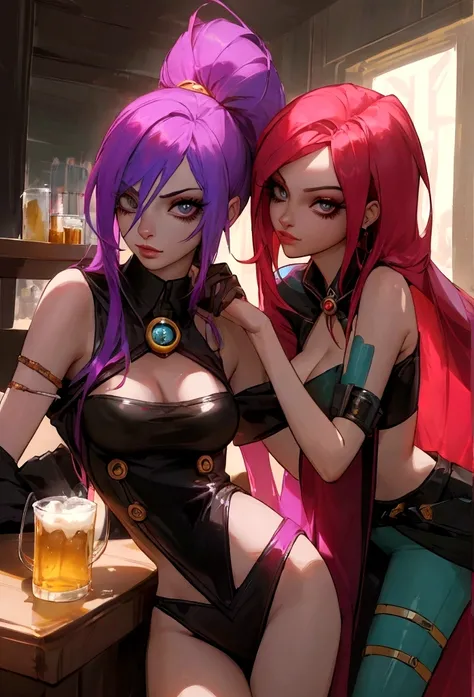 Crie uma personagem semelhante a Jinx e Miss Fortune tomando uma cerveja sentadas em cadeiras de bar, both characters with looks from the League of Legends series of games