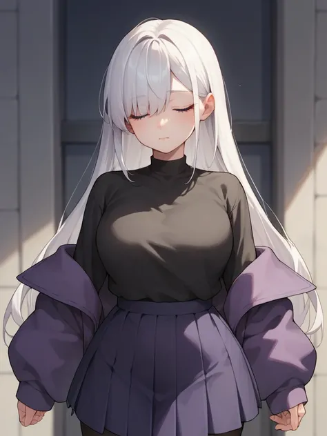 Score_9, score_8_up, score_7_up, source_anime, 1girl, solo, pale, long white hair, blue eyes, cute face, big tits , thick thighs, eyes closed, skirt, tights, black shirt, purple jacket, big tits, long hair, both eyes covered