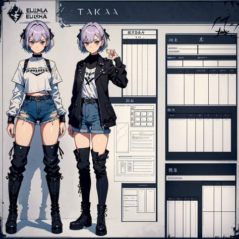 create a character sheet for Eulália Draha, a piscopath with a half-punk, half-cute style, 16 years old, fair skin, short platinum hair and lilac highlights, blue and gray eyes, short-sleeved shirt with the belly showing dark wine, black jacket black leath...