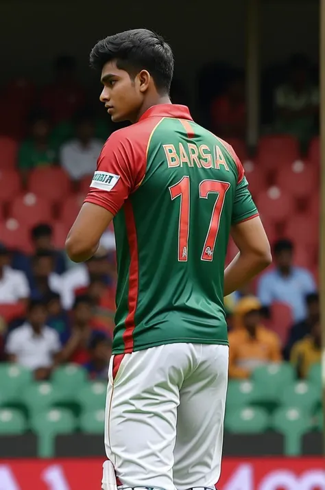 A boy,age 18, wearing a Bangladesh Jersey, back side, Jersey number 17,Name  Sabbir, standing in stadiam Gallery, watching Bangladesh cricket games