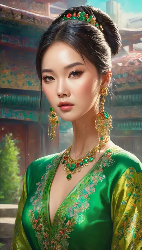 a woman in a green dress standing in front of a building, trending on cg society, fantasy art, detailed face of a asian girl, traditional female hairstyles, portrait painting of a princess, kazakh empress, vivid colours