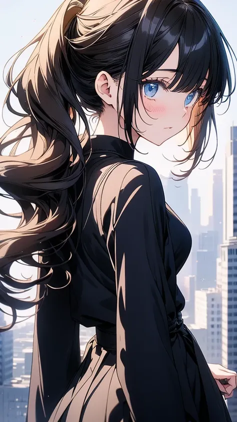 With anime style illustrations teenage girl Stand with your back to the camera. Surrounded by a city, blue eyes, brown hair tied back, wearing a black suit, good figure.