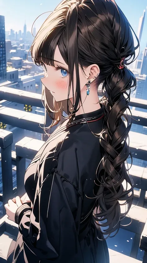 With anime style illustrations teenage girl Stand with your back to the camera. Surrounded by a city, blue eyes, brown hair tied back, wearing a black suit, good figure.