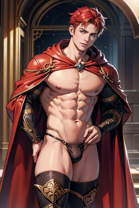 realistic, masterpiece, intricate details, detailed background, depth of field, muscular, Photo of a handsome American magician, american man, 25 years old, Red hair color and short hair), voluptuous crotch, Mars planet spell, sorcerer, wearing a long hood...