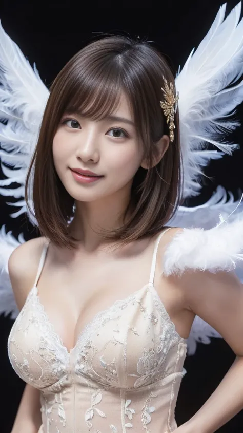 (A Ultra cute young Japanese Angel:1.75), (She has real Angel wings:1.75),(she wearing a decorated with feathers and lace holy angel costume slim fit:2.0),(She is Dancing:1.5),(beautiful detailed eyes:2.0),beautiful detailed lips, (extremely detailed cute ...