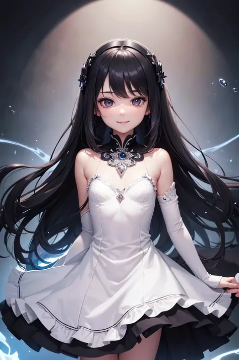 official art, Best Quality, ultra-detailed, high resolution, unity 8k wallpaper, extremely detailed CG, white skin, bitter smile, cute face, 12 years old, cute girl, Beautiful black hair, beautiful eyes, flat chest, small build, minimum, No muscles, gothic...