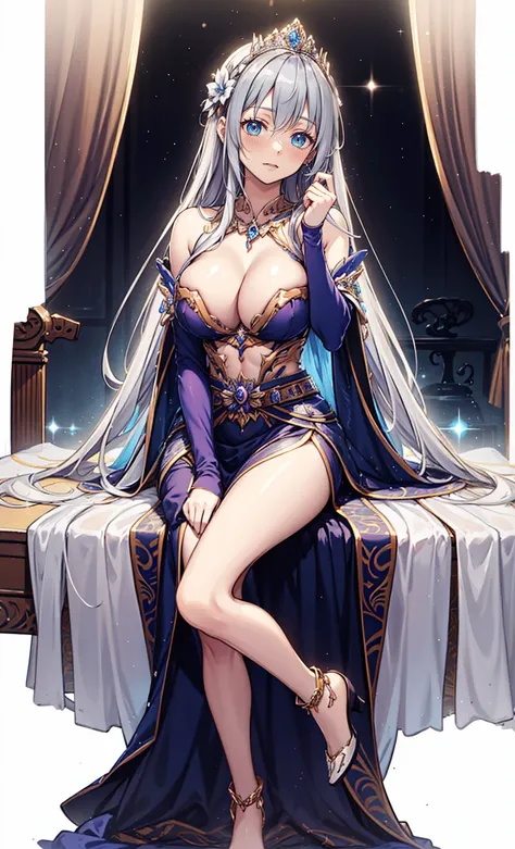 teenage girl，Enchanted，Have fun，in love，Princess dress in a white fantasy world，light silver hair，E Blue Eyes，small amount of purple pattern，See-through transparent clothes，elaborate costume，bedroom，person only，nighttime，Plain stockings,big breasts,Nipples...