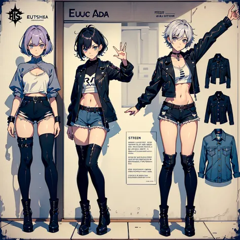 create a character sheet for Eulália Draha, a piscopath with a half-punk, half-cute style, 16 years old, fair skin, short platinum hair and lilac highlights, blue and gray eyes, short-sleeved shirt with the belly showing dark wine, black jacket black leath...