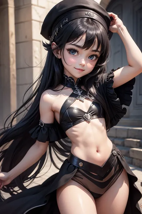 official art, Best Quality, ultra-detailed, high resolution, unity 8k wallpaper, extremely detailed CG, white skin, bitter smile, cute face, 12 years old, cute girl, Beautiful black hair, beautiful eyes, flat chest, small build, minimum, No muscles, gothic...