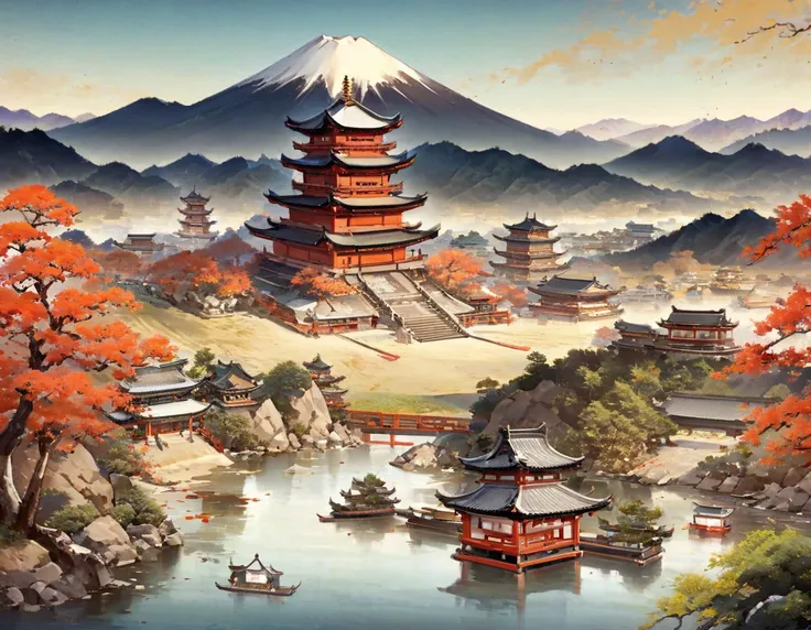 Mountain landscape painting with river and pagoda, Landscape Artwork, Japan艺术风格, 传统Japan画, Japan風景, Injuried, Japanese style painting, Japan传统艺术, Japan木版画风格, Landscape Art Detail, Inspired by Urakami Gyodo, Inspired by Hiroshige, Visually stunning scenes, ...