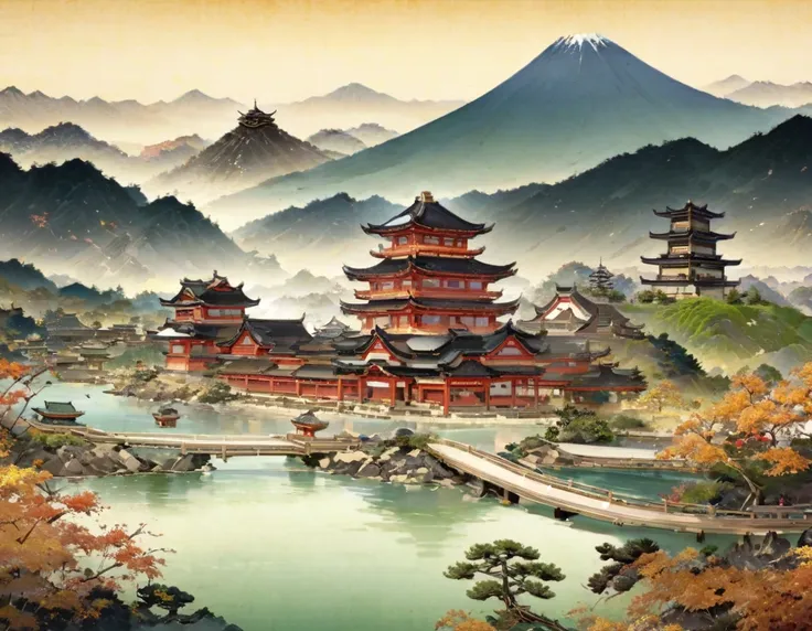 mountain landscape painting with river and pagoda, landscape artwork, japan艺术风格, 传统japan画, japan風景, injuried, japanese style pai...