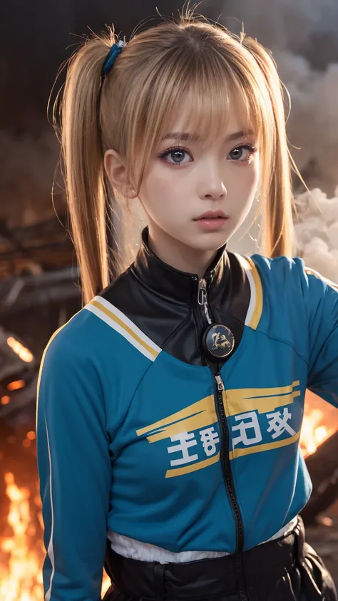 masterpiece, highest quality, bubble, Blue clothes, Blonde twin tails, Pretty face, Highly detailed eyes, Intense expression, Fighting Pose, Destroyed city, A distant fire, Rising Smoke, 