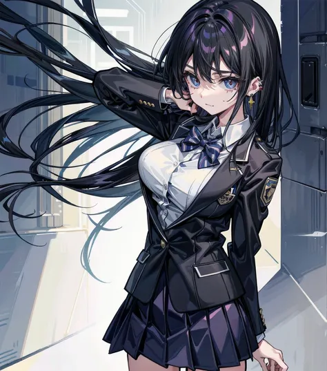 full body, solo, alone, perfect anatomy, correct body, ideal ratio of body proportions, tearful mole, earring, medium hair, black hair, medium tits, school_uniform, blazer, school, gym,