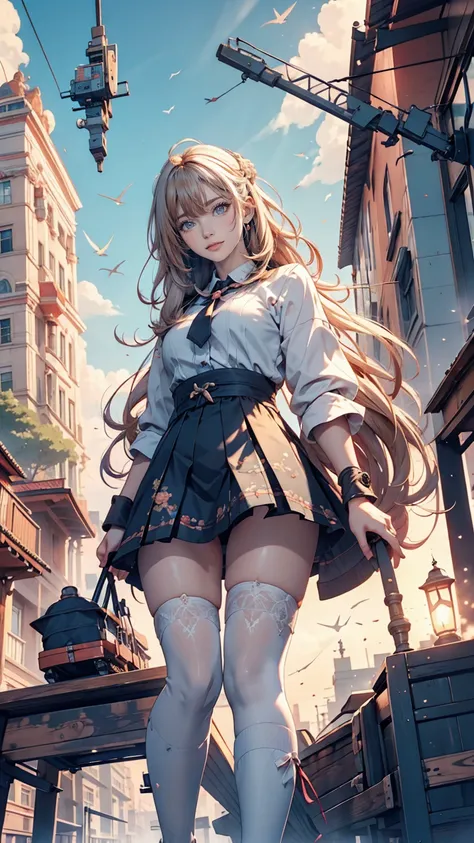 masterpiece, highest quality, Very detailed, unity 8k wallpaper, (Ride a crane), Sky, 1 girl, Heavy machinery, Gradient Hair, Hair between the eyes, Ahoge, Year: 16, Recall, Pretty face, White knee socks,