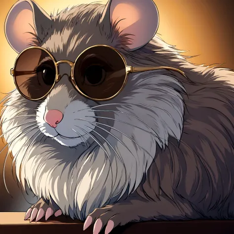 cinematic portrait of a maus mouse wearing sunglasses, realistic, high detailed, photorealistic, soft lighting, warm brown and white colors, intricate fur details, beautiful detailed eyes, beautiful detailed nose, beautiful detailed mouth, extremely detail...