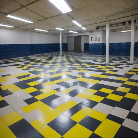 a brightly colored floor in an empty building, checkered floor, on a checkered floor, angular dynamic white rock floor, set inside of parking garage, acid pooling on the floor, in an underground parking garage, black and white checkered floor, secret under...