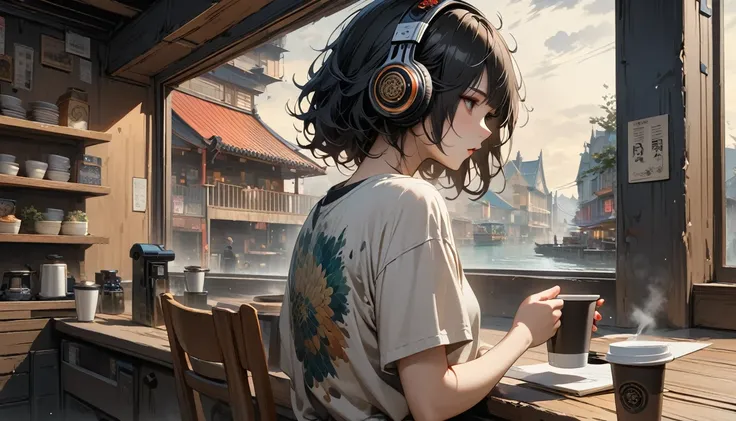 ((8k of extremely detailed CG unit, Masterpiece, high resolution, highest quality, highest quality real texture skin)), (((shoot from behind))), (wearing Japanese pattern headphones), ((1 girl)), ((Drinking coffee in a cozy cafe)), ((denim)), (Japanese pat...