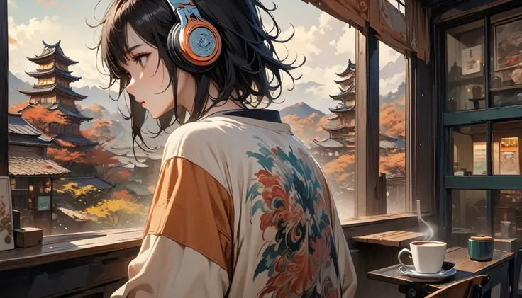 ((8k of extremely detailed CG unit, Masterpiece, high resolution, highest quality, highest quality real texture skin)), (((shoot from behind))), (wearing Japanese pattern headphones), ((1 girl)), ((Drinking coffee in a cozy cafe)), ((denim)), (Japanese pat...