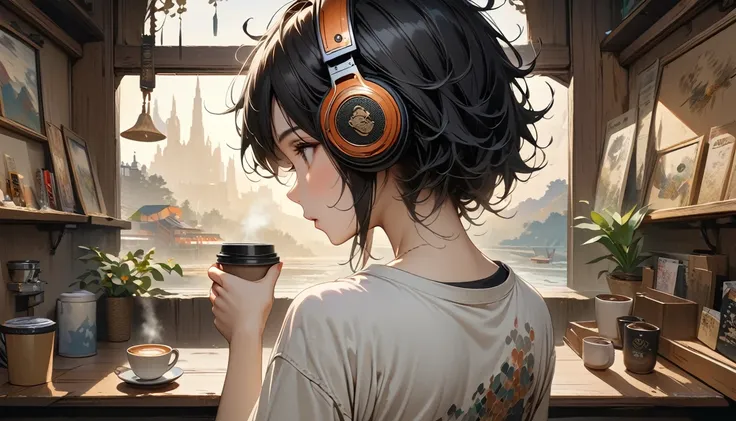 ((8k of extremely detailed CG unit, Masterpiece, high resolution, highest quality, highest quality real texture skin)), (((shoot from behind))), (wearing Japanese pattern headphones), ((1 girl)), ((Drinking coffee in a cozy cafe)), ((denim)), (Japanese pat...