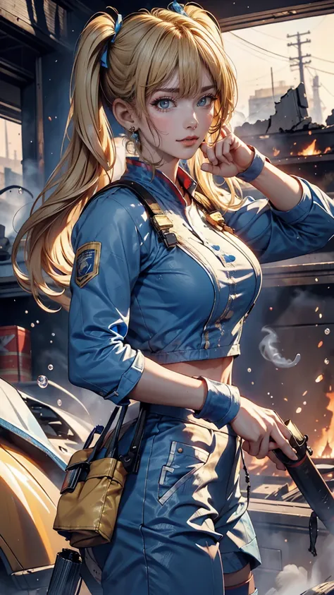 masterpiece, highest quality, bubble, Blue clothes, Blonde twin tails, Pretty face, Highly detailed eyes, Intense expression, Fighting Pose, Destroyed city, A distant fire, Rising Smoke,