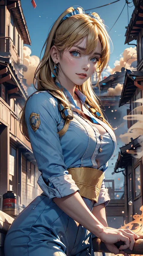 masterpiece, highest quality, bubble, Blue clothes, Blonde twin tails, Pretty face, Highly detailed eyes, Intense expression, Fighting Pose, Destroyed city, A distant fire, Rising Smoke,