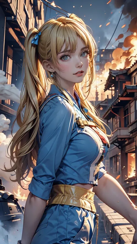 masterpiece, highest quality, bubble, Blue clothes, Blonde twin tails, Pretty face, Highly detailed eyes, Intense expression, Fighting Pose, Destroyed city, A distant fire, Rising Smoke,