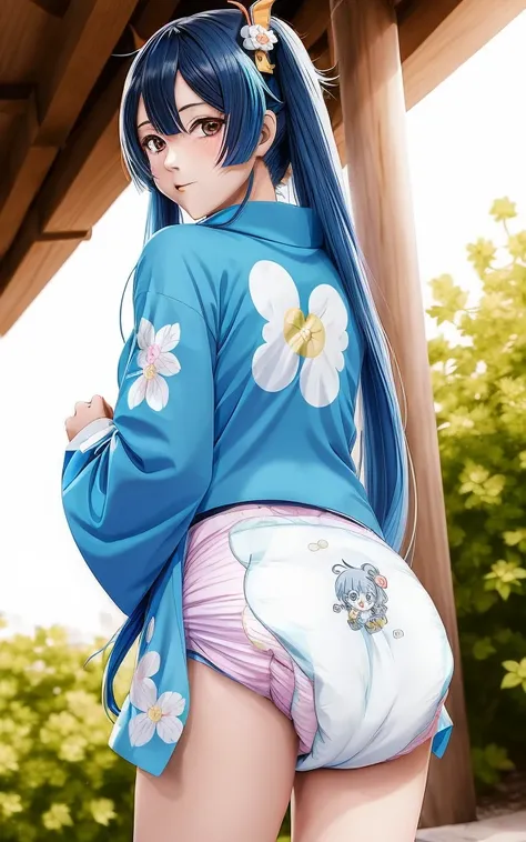 (anime girl from genshin impact:1.2), feminine, blue long hair, wearing kimono, cutesy face, cutesy eyes, high quality, anime st...