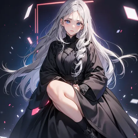 1 girl, high resolution, long silver/gray hair, red blinking light eyes, wearing cute and modest black dress, weak, scared, detailed face, indigo background, ultrasharp, 8K, masterpiece, looking at the sides