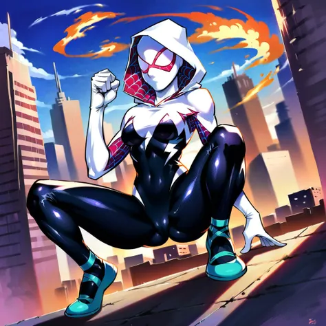 score_9, score_8_up, score_7_up, score_6_up, score_5_up, (high quality, detailed, absurdres, high resolution, masterpiece, beautiful), detailed soft lighting, rating_safe, source_cartoon, Ed Benes style, Spider Gwen, (wearing Spider Gwen mask and hood:1.5)...