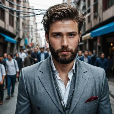 raw photo, full body portrait of a beautiful man with a beard in a grey suite, he stands in a crowded street with tangled power ...