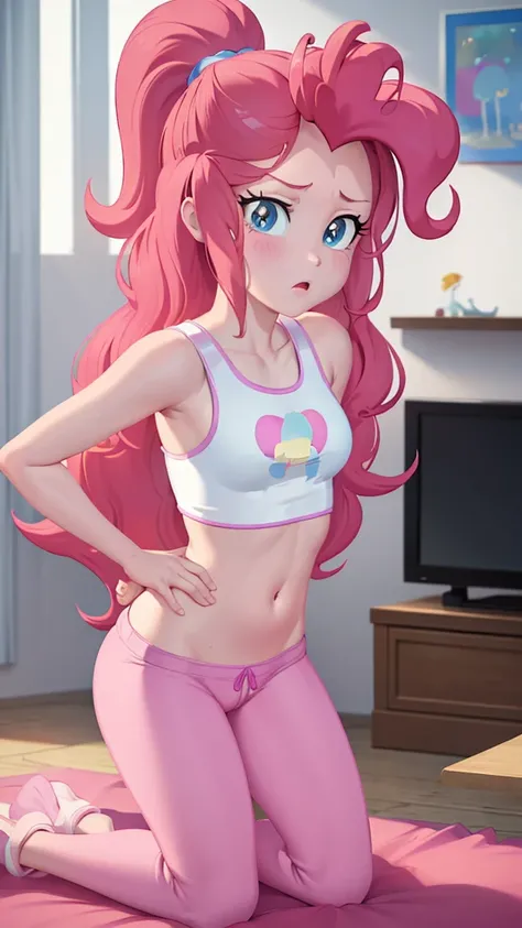 masterpiece, best quality, cowboy shot, solo, 1girl, mlppinkiepie, kneeling, looking at viewer, pink tank top, pink sweat pants, living room, indoors,dynamic lighting, worried