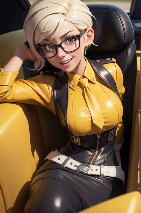 obra prima, melhor qualidade, (lauren boebert 70yo) head back, big side smile, open mouth, short bleach white punk hair, black plastic glasses, pilot outfit, business blouse, necktie, (shiny mustard yellow leather,) studs zippers snaps, shiny leather glove...