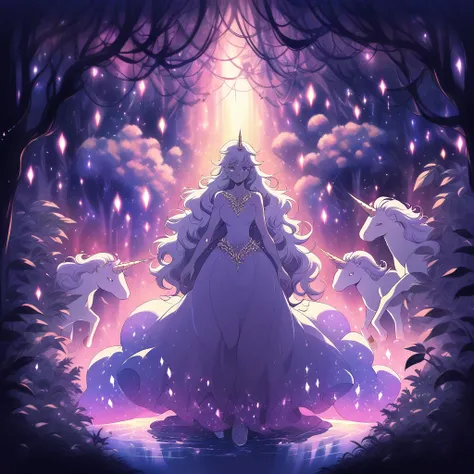 A unicorn standing in the middle of a magical forest，The moonlight illuminates its silvery white hair，Surrounded by glowing plants and crystals，dream，mystery，Illustration style