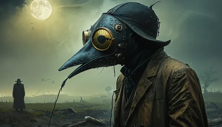 plague mask, doom, (best quality,4k,8k,highres,masterpiece:1.2), ultra-detailed,(realistic,photorealistic,photo-realistic:1.37), hyper detailed surreal alien environment, plague doctor mask, moody lighting, gloomy apocalyptic atmosphere, cinematic composit...