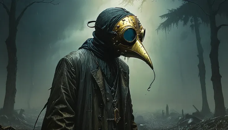 plague mask, doom, (best quality,4k,8k,highres,masterpiece:1.2), ultra-detailed,(realistic,photorealistic,photo-realistic:1.37), hyper detailed surreal alien environment, plague doctor mask, moody lighting, gloomy apocalyptic atmosphere, cinematic composit...