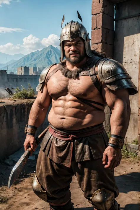 looking at us, shoot from front, face focus, Bandit, Fat ferocious barbarian:2, This barbarian is a robust stocky Japanese, smirking, mid combat, intense battle scene, leather and iron armor, armored short skirt, holding a Viking War Axes, viking helmet, l...