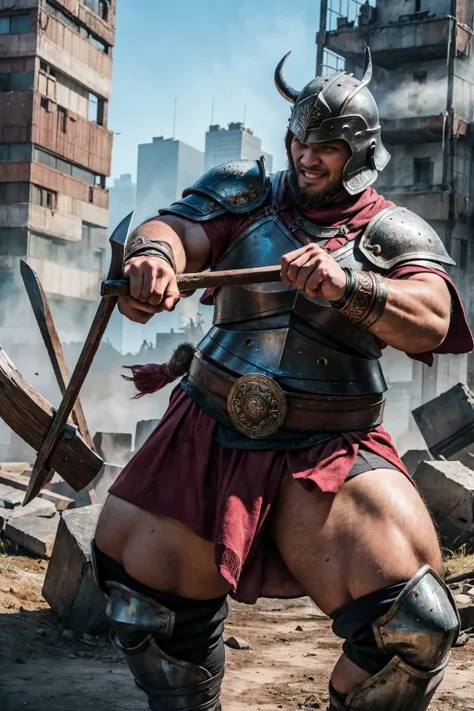 looking at us, shoot from front, face focus, Bandit, Fat ferocious barbarian:2, This barbarian is a robust stocky Japanese, smirking, mid combat, intense battle scene, leather and iron armor, armored short skirt, holding a Viking War Axes, viking helmet, l...